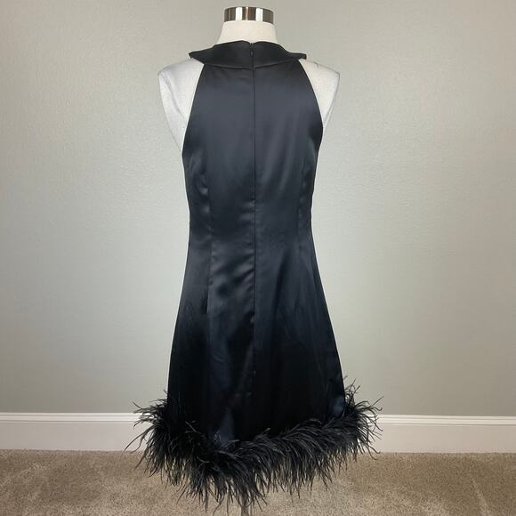 Eliza J Black Satin Feather Trimmed Sleeveless Mini Shift Cocktail Dress Size 10 - Picture 6 of 12